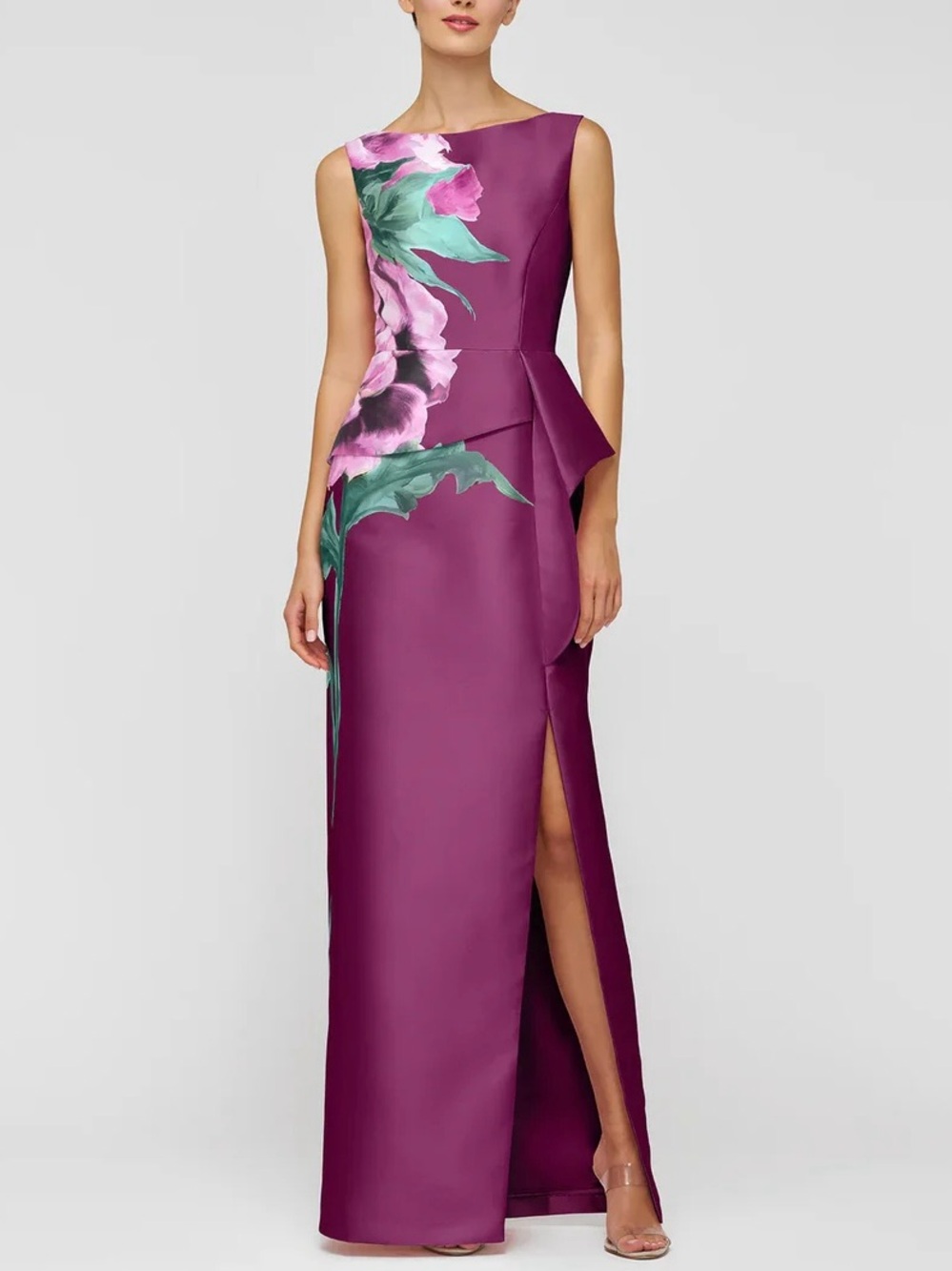 Kay Unger Luciana Sleeveless Floral Column Gown Mulberry